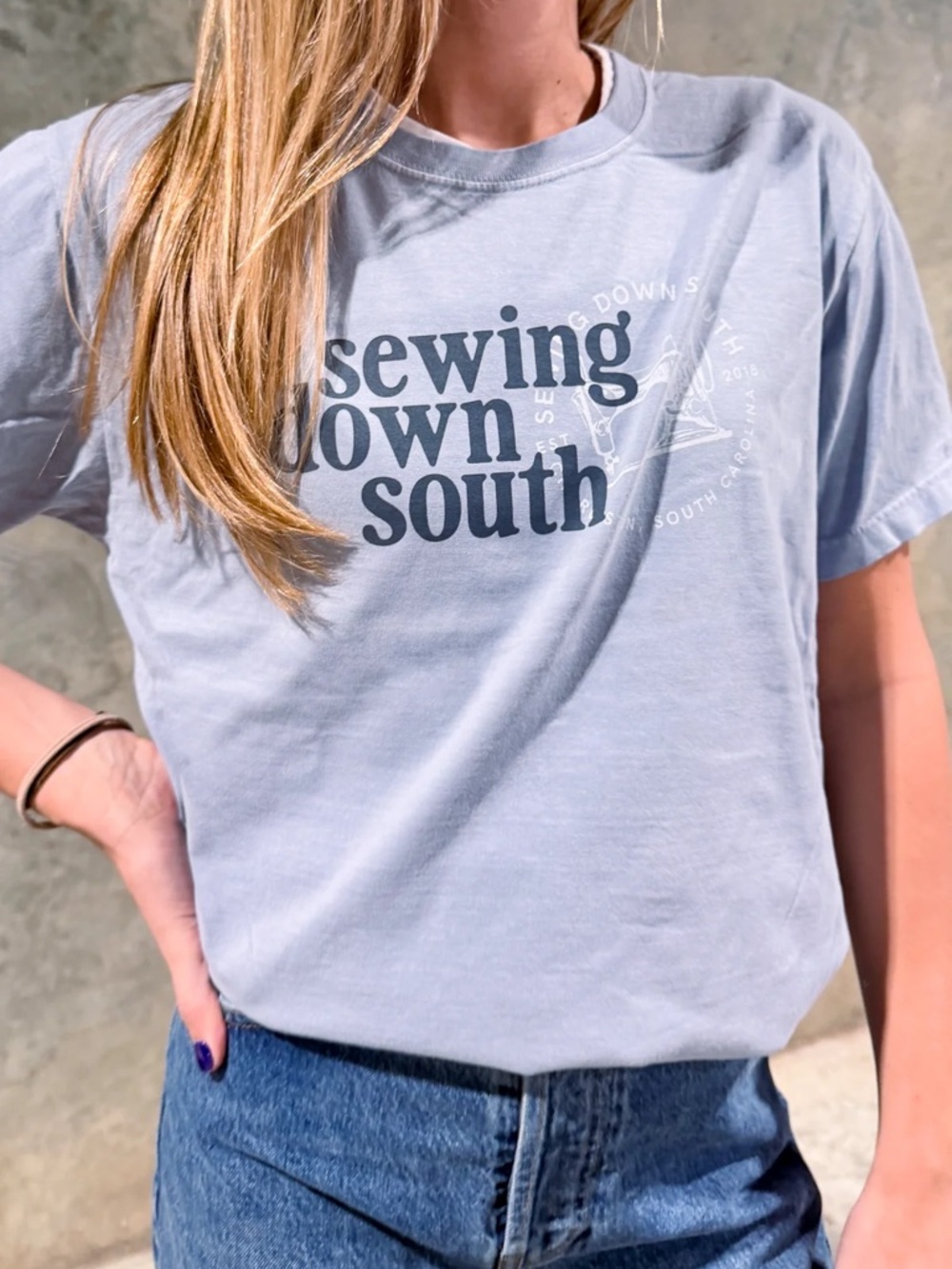 Sewing Down South “SDS Brand Logo Tee” in Light Washed Denim | Medium